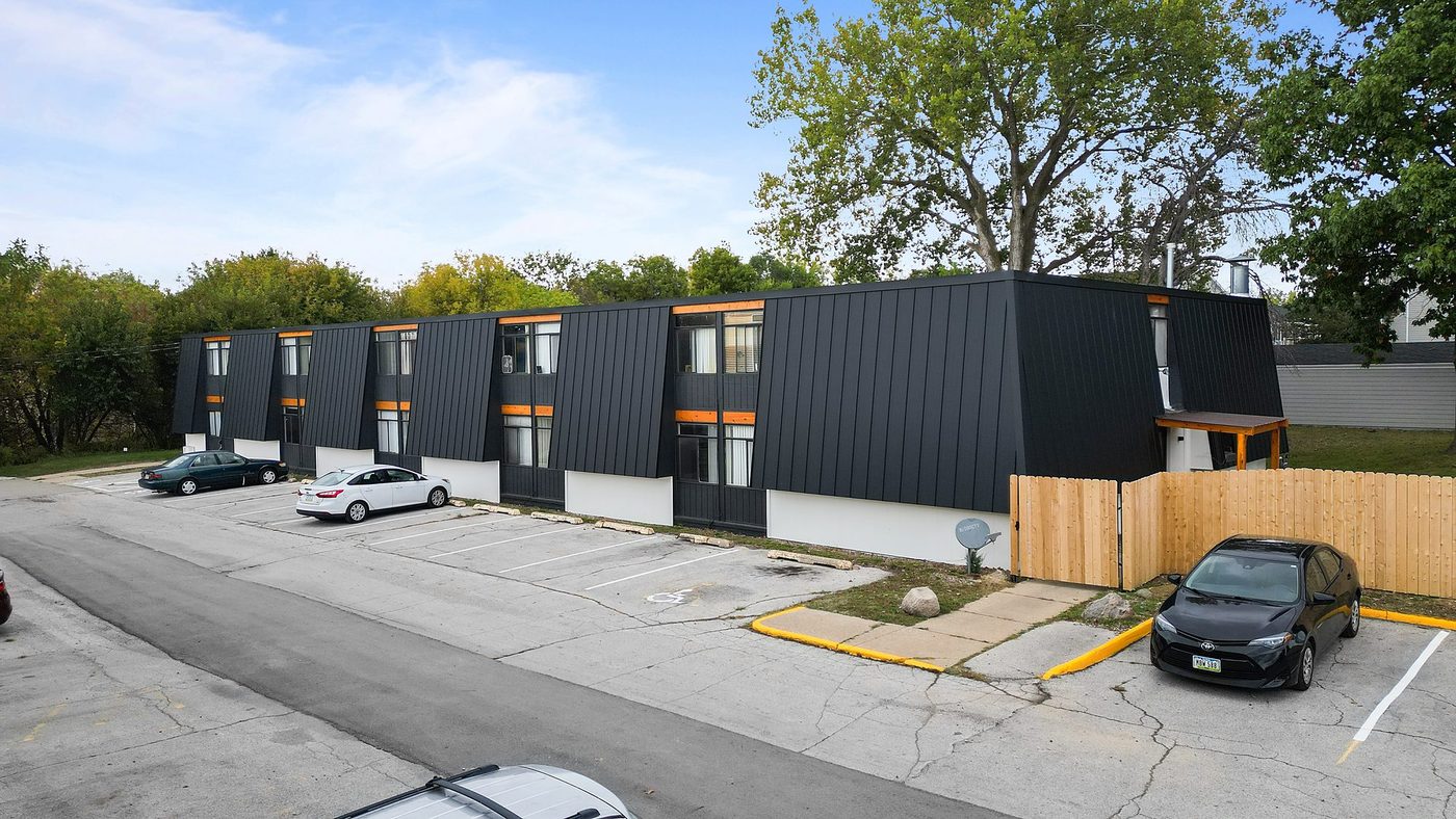 Urban Heights apartment building in Urbandale, Iowa, with dark standing-seam siding